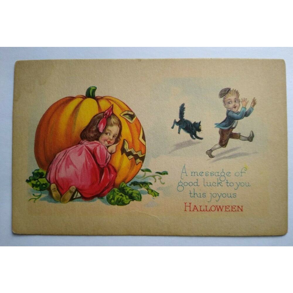 Halloween Postcard Pink Dress Girl And Boy Black Cat Stecher Unused 1290 Vintage